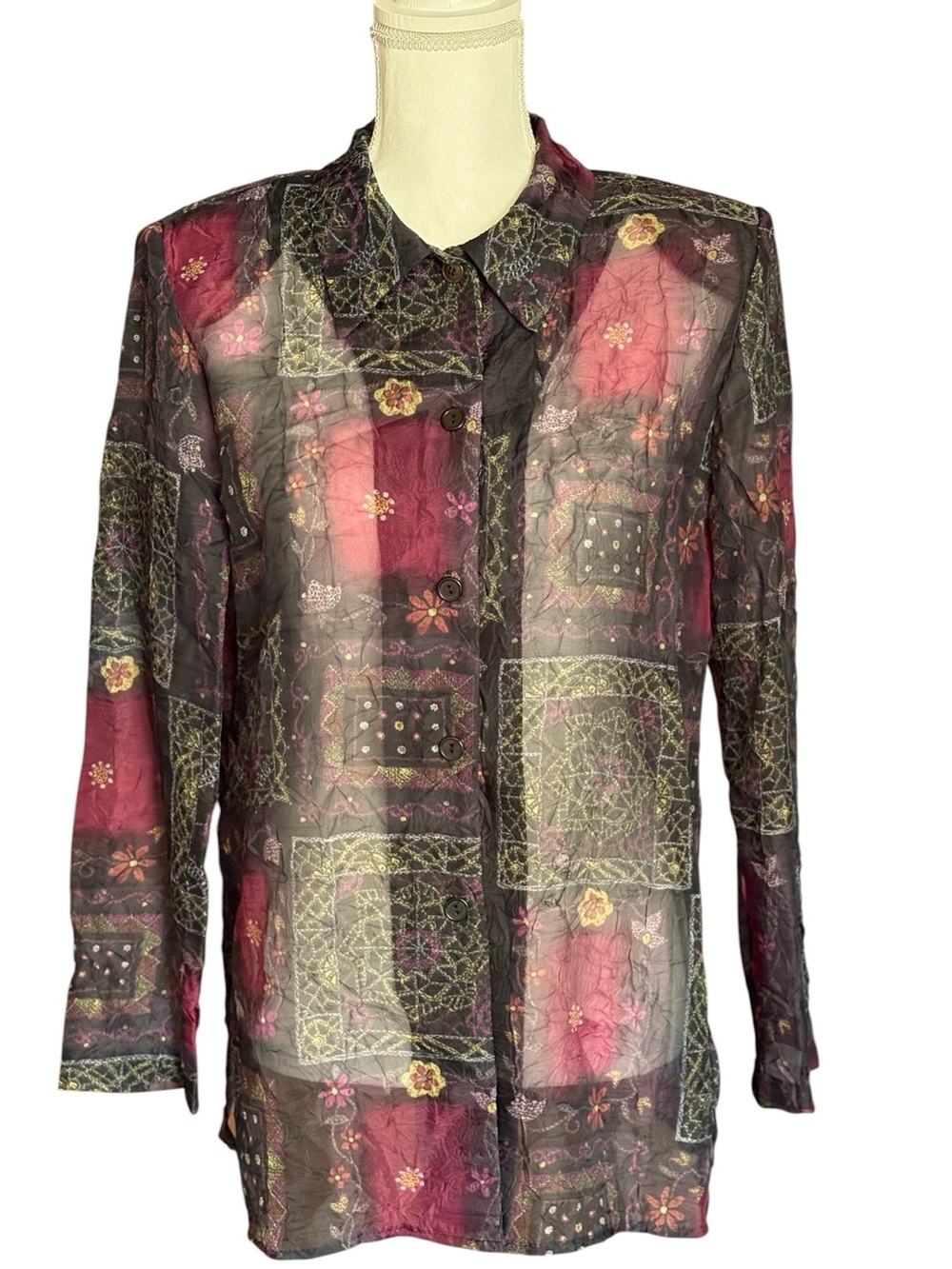 Vintage 90s K Studio Sheer Crinkle Patchwork Blouse Top - Whimsigoth Artsy M/L